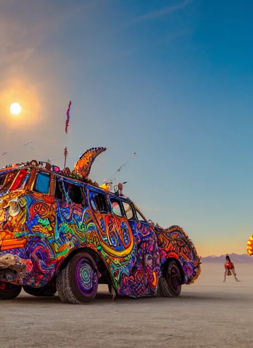 Image similar to burning man art car, sunset, 4 k