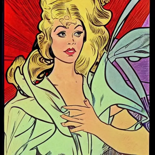 Image similar to a beautiful young woman. she is a superhero, wearing a superhero costume. well composed, clean elegant painting, beautiful detailed face. retro comic book art by steve ditko and jack kirby and ( alphonse mucha )