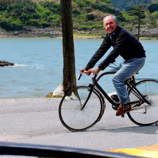 Image similar to don matteo riding a bike straight through the sea king monster