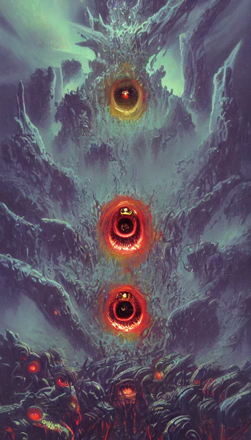 Image similar to a storm vortex made of many demonic eyes and teeth, by paul lehr,