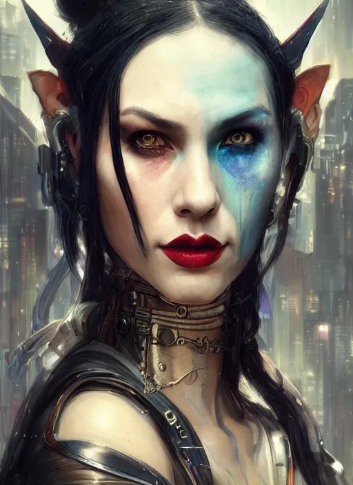 Image similar to a beautiful illustration of cyberpunk elven harley quinn, black hair, intricate, sharp focus, illustration, highly detailed, digital painting, concept art, matte, art by wlop and artgerm and greg rutkowski and alphonse mucha, masterpiece