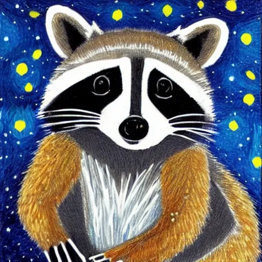 Image similar to a raccoon drawn in the style of starry night