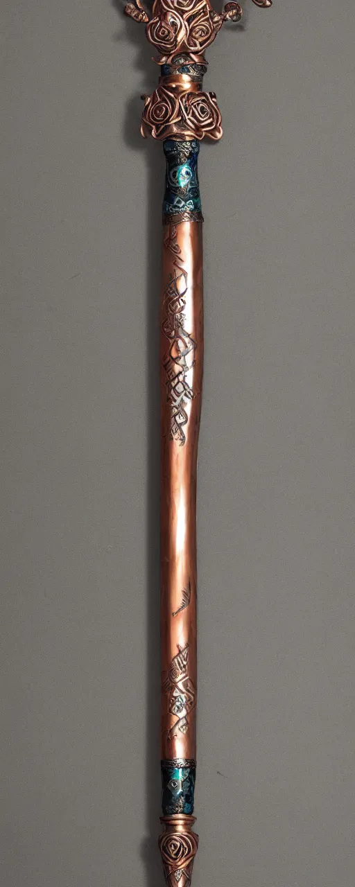 Prompt: copper sword decorated with cyan roses, black runes on the blade, a large beautiful black hilt