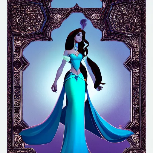 Image similar to princess jasmine, artstation hq, dark phantasy, stylized, symmetry, modeled lighting, detailed, expressive, created by hideo kajima