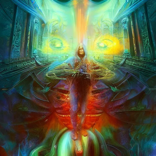 Prompt: dmt trip interdimensional beings reveal the truth by raymond swanland, highly detailed, bright tones
