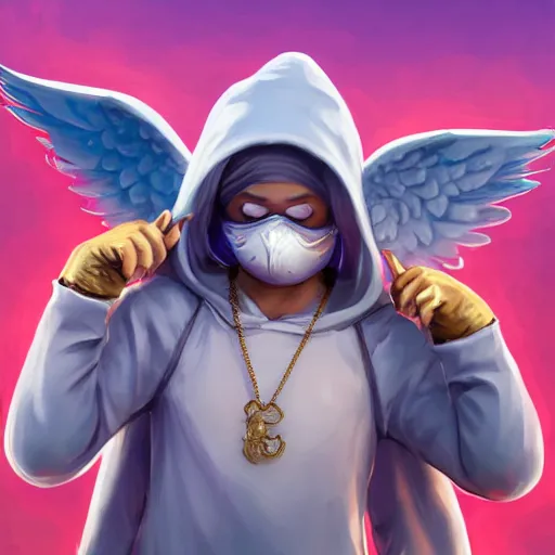 Prompt: baby Angel cherub, ski mask, balaclava, wearing angel halo covered face, hoodie, hip hop golden necklace fantasy art apex fortnite Video game icon, 2d game art gta5 cover , official fanart behance hd artstation by Jesper Ejsing, by RHADS, Makoto Shinkai and Lois van baarle, ilya kuvshinov, rossdraws