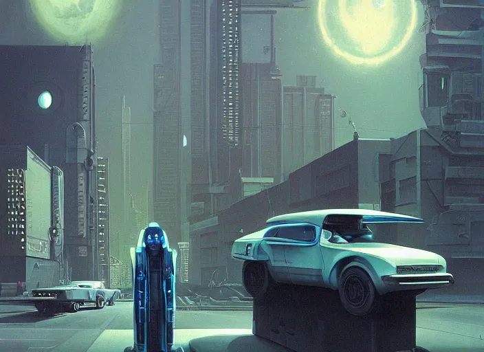 Image similar to a car driving down a street next to tall robot the night, cyberpunk art by Chesley Bonestell, cgsociety, retrofuturism, matte painting, reimagined by industrial light and magic