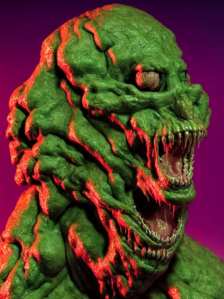 Image similar to hyperrealistic subsurface scattering rendering, fat smooth wet cronenberg flesh monster kaiju with smooth skull and ribcages kaiju by art of skinner and richard corben and jeff easley, product photography, action figure, sofubi, studio lighting, colored gels