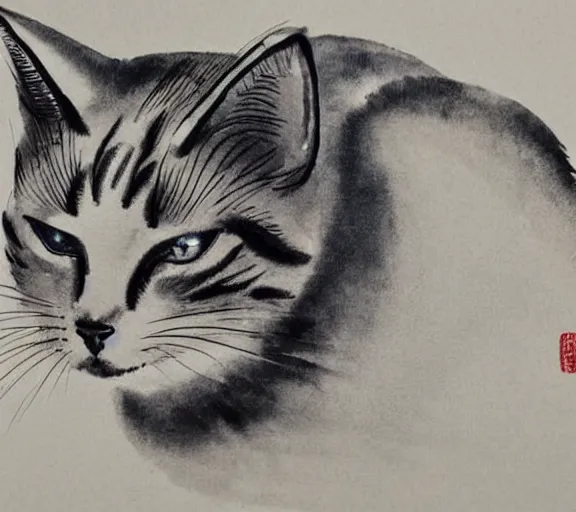 Image similar to ink painting of a cat by li zhaodao