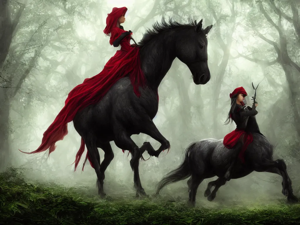 Image similar to a female beauty with red cap rides on a strong black horse slowly through a dense misty green oak and beech forrest, rays of life, cinematic, fantasy art, moody morning light, cryengine, trending on artstation, by cynthia sheppard, by naoto hatori, by tyler jacobson, by john howe, by ridley scott, by peter jackson, by chris rahn