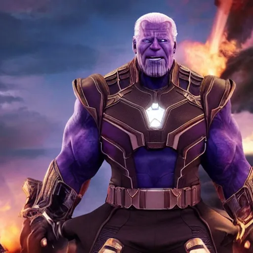 Prompt: Joe Biden as Thanos, HD promotional screenshot from new Avengers film, 8k ultra realistic, Marvel animation