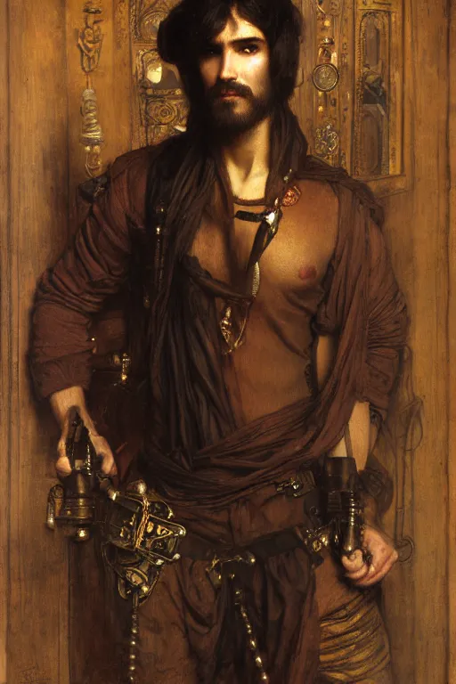 Image similar to attractive male, steampunk, cool tint, orientalist intricate portrait by john william waterhouse and edwin longsden long and theodore ralli and nasreddine dinet, hyper realism, dramatic lighting