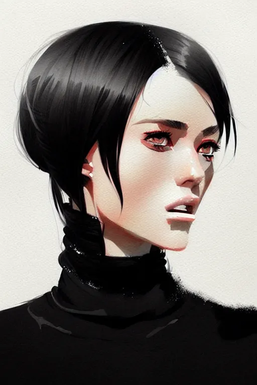 Prompt: a ultradetailed portrait painting of a stylish woman in a black turtleneck by conrad roset, greg rutkowski and makoto shinkai trending on artstation