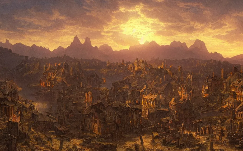 Image similar to large medieval town, steampunk, sunset in the distance, mountainous backdrop, cinematic lighting, intricate ink illustration, by albert bierstadt