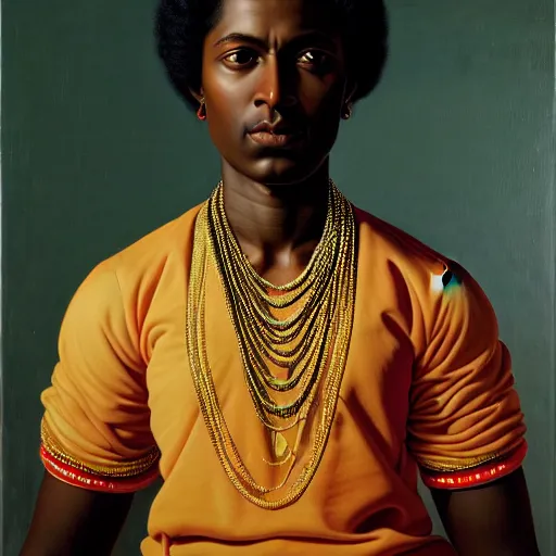 Image similar to A portrait of a slender contemporary and pretty non-binary person, dark skin tone, Indian, oil painting by Kehinde Wiley, majestic, detailed, high resolution