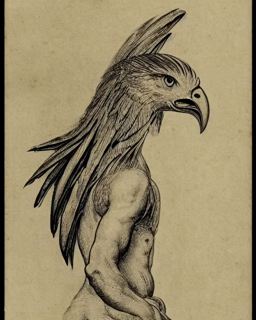 Image similar to half human half eagle creature with beak, drawn by da vinci