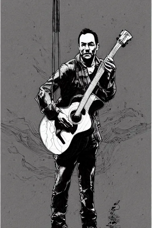 Prompt: full body portrait of dave matthews with an acoustic guitar, concept art, sumi - e style, intricate linework, artstation, trending, highly detailed, smooth, focus, art by yoji shinkawa and glenn fabry,