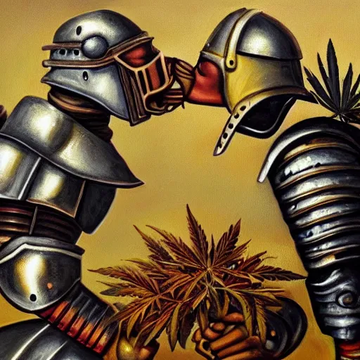 Prompt: a detaild oil painting of a full armored knight kissing a cannabis leaf