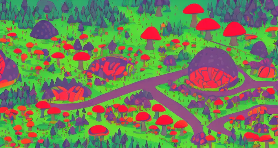 Image similar to A tribal village in a forest of giant mushrooms, by Kurzgesagt,