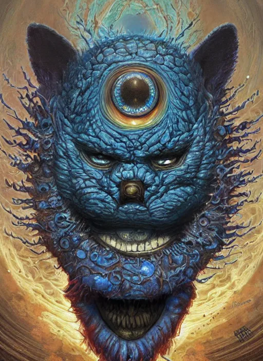 Image similar to cookie monster glowing eyes, shamanic poster lsd art, intricate, elegant, highly detailed, centered, digital painting, artstation, concept art, smooth, sharp focus, illustration, artgerm, tomasz alen kopera, peter mohrbacher, donato giancola, joseph christian leyendecker, wlop, frank frazetta