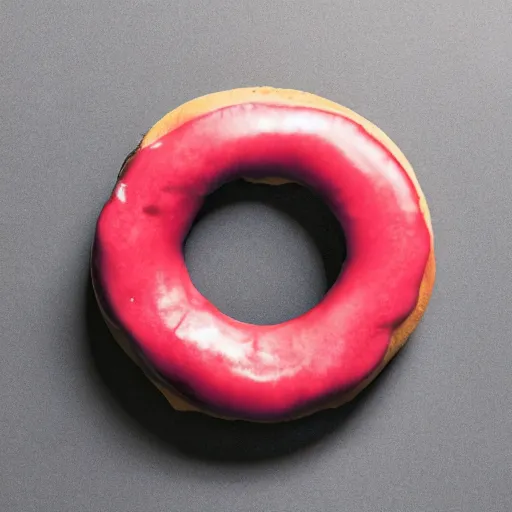 Prompt: Perfectly circular donut!!!!! in the style of a cherry!!!!!!, cherry donut!!!!, trending on artstation, 4k, 8k, professional photography, overhead shot, 35mm lens