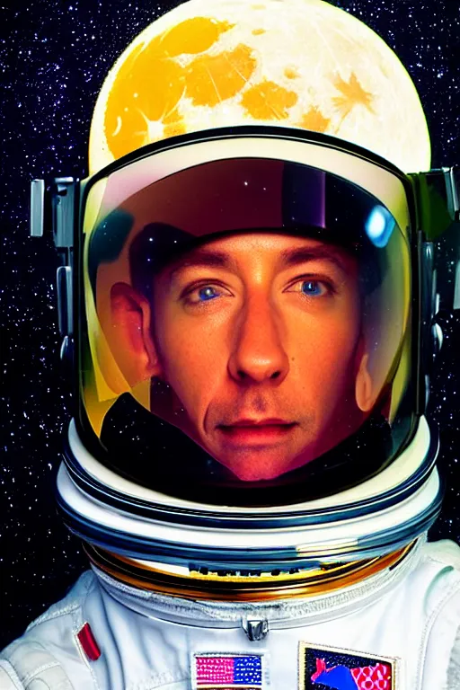 Prompt: studio portrait of space astronaut, holds iphone up to visor, reflection of iphone in visor, moon, alien, extreme close shot, soft light, award winning photo by david lachapelle