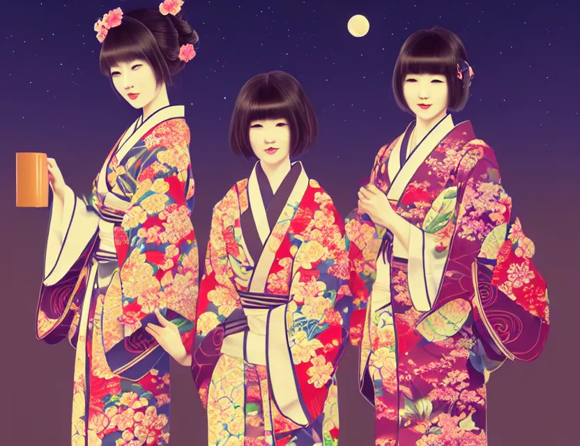 Image similar to two beautiful charming japan girls wear arty kimono in festival | | sunny night, full moon, dreamlike art, realistic shaded, smile, good looking, hyper details, 4 k realistic, cryengine, realistic shaded lighting poster by ilya kuvshinov, fuji choko, ross tran, 8 k resolution, trending on artstation, luxury