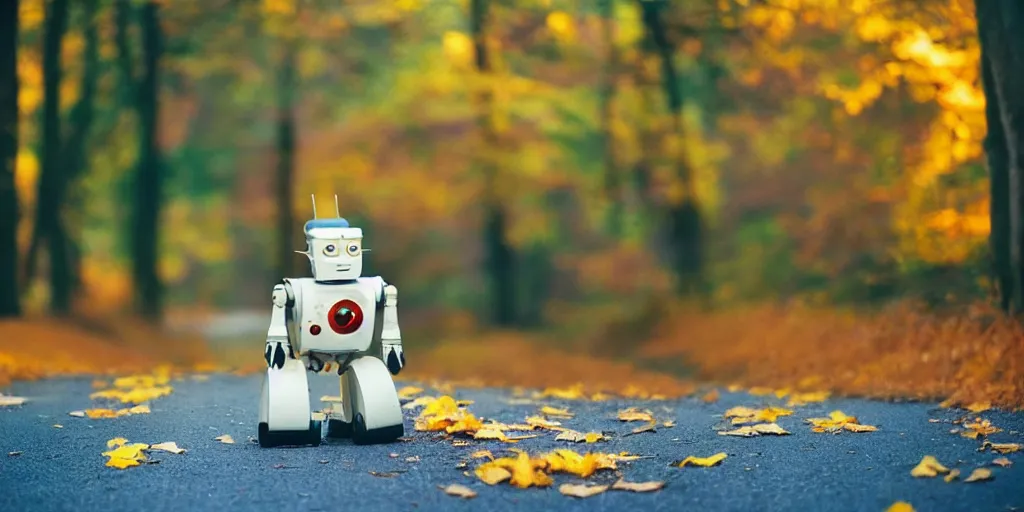 Prompt: small robot on forest road, 1970s photo, kodachrome, bokeh, autumn colors, backlit, long shot