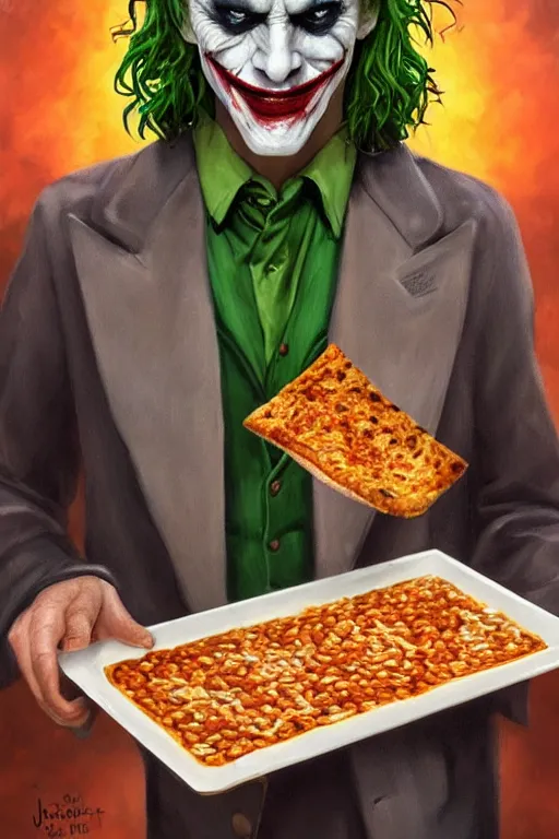 Prompt: a full body high detail fantasy portrait oil painting illustration of the joker eating baked beans and pizza by justin sweet with face and body clearly visible, in a scenic background, pretty eyes, realistic proportions, d & d, rpg, forgotten realms, artstation trending, high quality, sombre mood, artstation trending, muted colours, entire person visible!