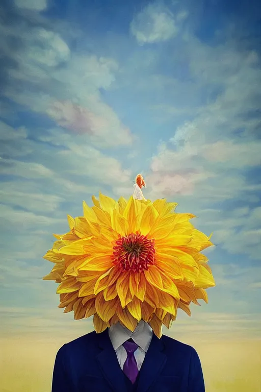 Image similar to closeup giant dahlia flower head, girl in a suit, surreal photography, blue sky, sunrise, dramatic light, impressionist painting, digital painting, artstation, simon stalenhag