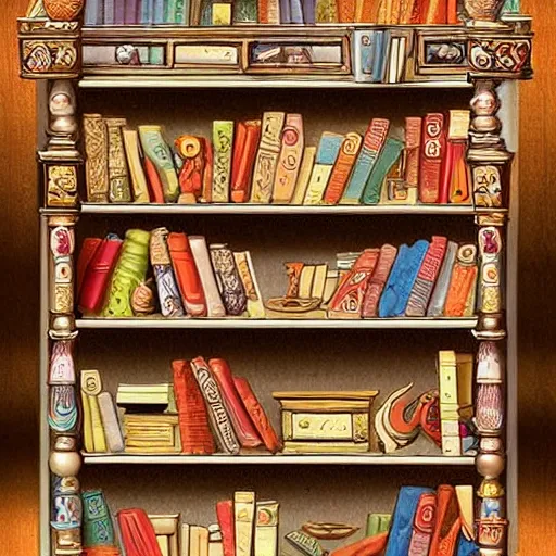 Image similar to enchanted bookshelves, in the style of colin thompson, highly detailed, playful fantasy.