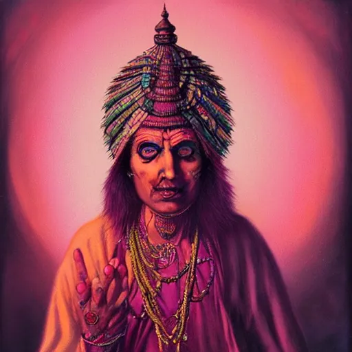 Prompt: wise old Indian guru, multiple arms, pink and gold , by Anato Finnstark, Tom Bagshaw, Brom