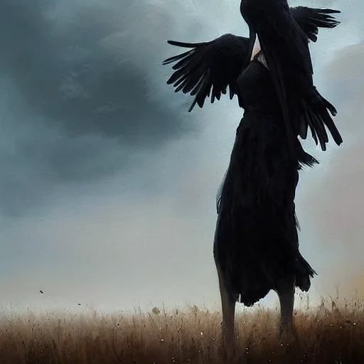 Image similar to morning, a woman in a black dress with a raven head. no face. sun, cinematic, clouds, vogue cover style, contracting colors mood, realistic painting, intricate oil painting, high detail, figurative art, poster art, by simon bisley, ismail inceoglu, wadim kashin, filip hodas. pixar theme.