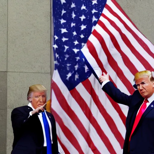 Prompt: Donald trump holding a large usa flag standing on the bodies of his slain enemies anime style