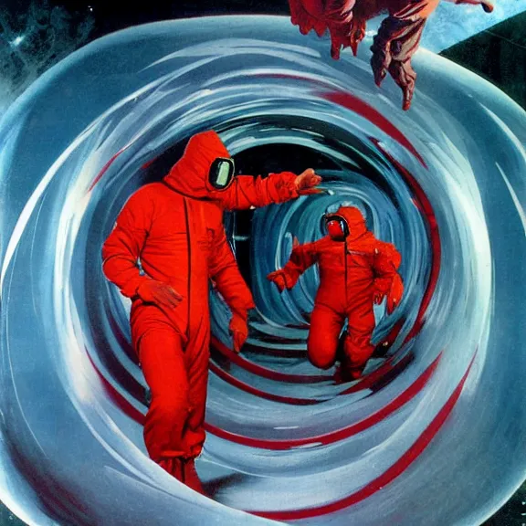 Prompt: two scientists wearing red hazmat suits, entering the geometric crystal wormhole by frank frazetta