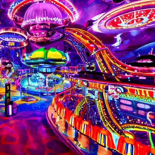 Prompt: photograph of an intergalactic amusement park