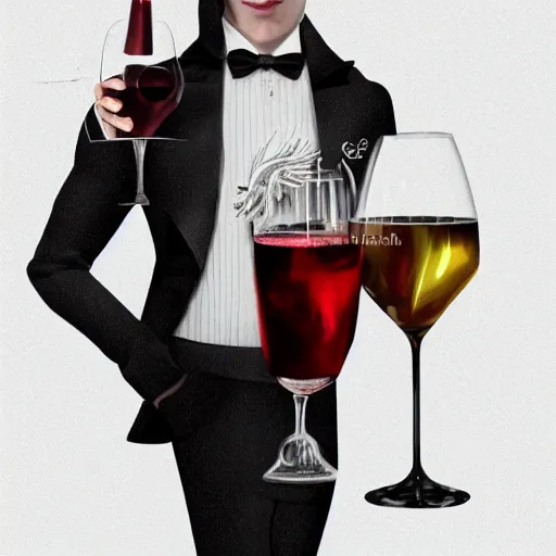 Image similar to portait drawing of a dragon male wearing tuxedo holding a 🍷, digital art, digital painting, masterpiece, elegant, hyper realistic, award winning, 8 k, behance, artstation, unreal engine 5, octane render, masterpiece, sharp focus, intricate, ornate