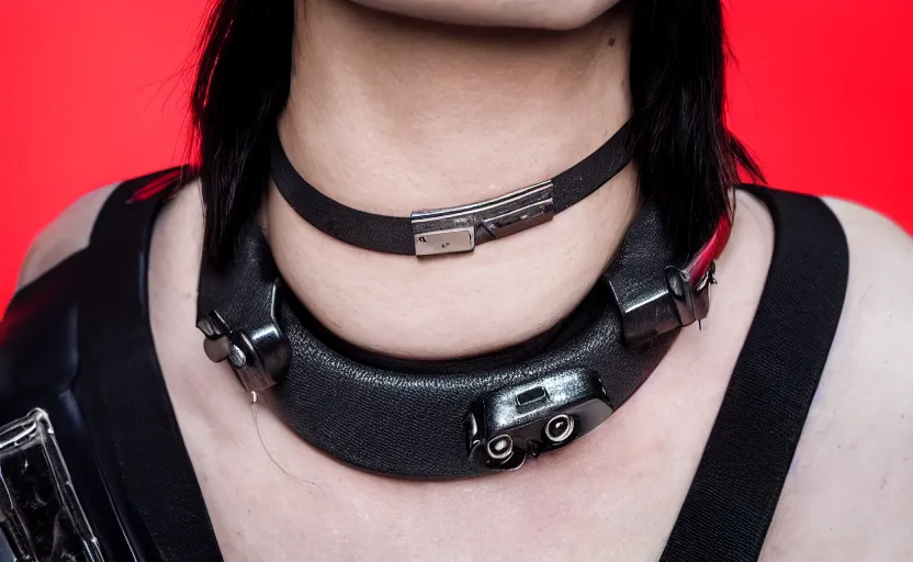 Prompt: a portrait picture of a cyberpunk woman wearing a steel collar choker , highly detailed, high quality, HD, 4k, 8k, Canon 300mm, professional photographer, 40mp, lifelike, top-rated, award winning, realistic, sharp, no blur, edited, corrected, trending