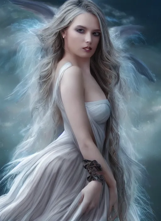 Image similar to a beautiful woman angel big wings, 8 k, sensual, hyperrealistic, high resolution, uhd, hyperdetailed, beautiful face, long hair windy, dark fantasy, fantasy portrait by laura sava