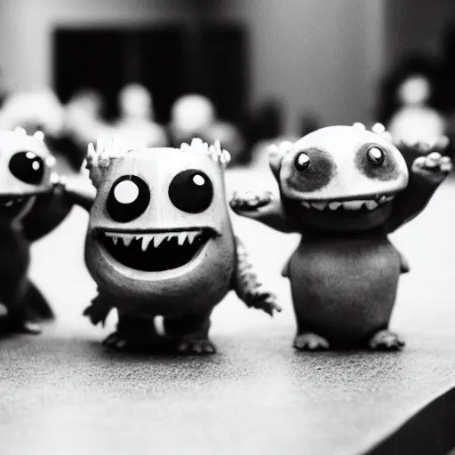 Prompt: a 35mm photo of adorable little toy monsters holding a meeting