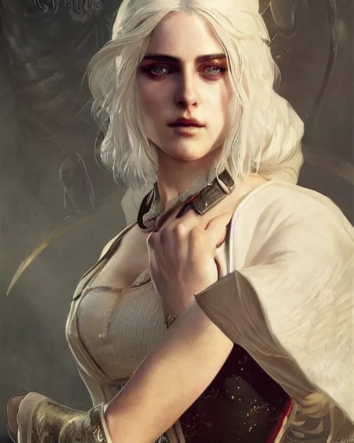 Prompt: Pre-Raphaelite Ciri from Witcher 3 by Artgerm and Greg Rutkowski, wearing haute couture by schiaparelli, sharp focus, sun rays, intricate, elegant, highly detailed, digital painting, masterpiece.