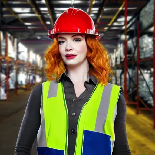 Prompt: photo, close up, christina hendricks in a hi vis vest, in warehouse, android cameraphone, 2 6 mm,