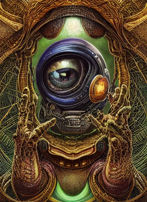 Image similar to emek spaceship mf doom reptile eyes, cosmic lsd poster art, intricate, elegant, highly detailed, centered, digital painting, artstation, concept art, smooth, sharp focus, illustration, artgerm, tomasz alen kopera, peter mohrbacher, donato giancola, joseph christian leyendecker, wlop, frank frazetta