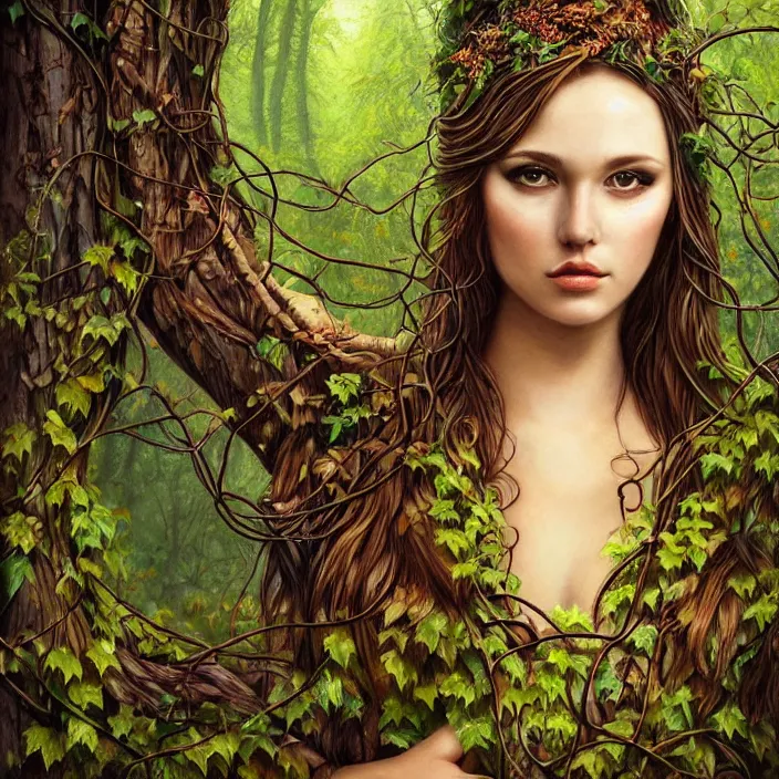 Prompt: nature goddess, beautiful portrait, entwined in vines and nature, forest theme, dark forest, light shining through, hyper - realistic, extremely detailed
