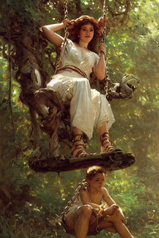 Image similar to full body portrait of her sitting on swing in forest, highly detailed painting by gaston bussiere, craig mullins, j. c. leyendecker, 8 k, mid shot