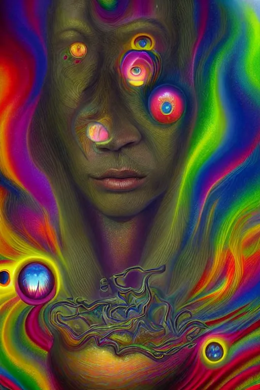 Image similar to hyperrealistic abstract close-up Renaissance psychedelic!! celestial happy! pure creature!! peaceful! kind spirit of nature! beautiful fractal!! eyes! highly detailed concept art eric zener elson peter cinematic hard rainbow lighting high angle hd 8k sharp shallow depth of field endless, inspired by Zdzisław Beksiński Salvador Dali