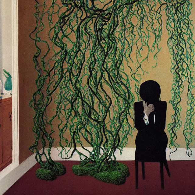 Image similar to a pathology student in her apartment, wrapped in vines, large stones, octopus, black walls, ikebana, black armchair, puddles, moss, acrylic on canvas, surrealist, by magritte and monet