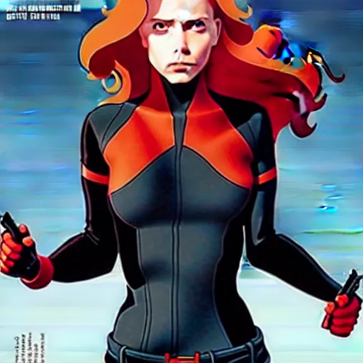 Image similar to phil noto comicbook cover art, black widow marvel, symmetrical eyes, long red hair, full body, city rooftop