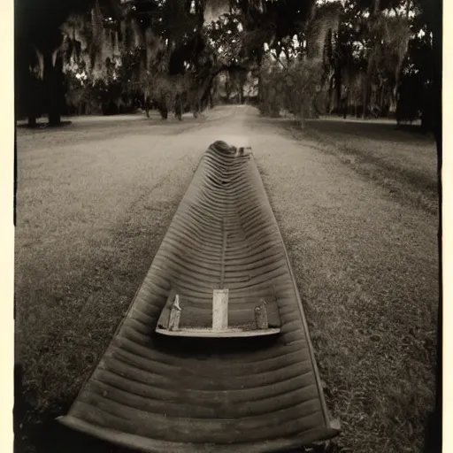 Image similar to shot of a complex cronenbergian disgusting and montruous creature in louisiana, southern gothic, photograph by diane arbus, bayou