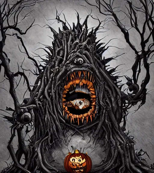 Image similar to a tim burton design of a horrifying king creature made of pumpkin, fat, limbs made from vines, sitting on a stone throne, detailed game art illustration, menacing carved facial expression, creepy lighting, dynamic pose, 4 k artstation, masterpiece